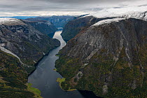 View over Naeroyfjorden, from top of Mount Bakkanosi. Aurland municipality, Sogn og Fjordane, Norway. September 2012
