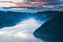View over Lysefjorden from Preikestolen (Pulpit rock) at sunset, Forsand municipality, Rogaland, Norway. June 2012