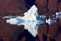 Iceberg reflected in the Arctic Ocean with Hematite rich red slopes of Rode Fiord behind them, East Greenland.