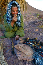 Local Berber man eating Spiny-tailed lizard (Uromastyx nigriventris) cooked on fire, near Ouarzazate, Morocco, October 2013.