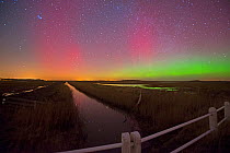 Northern lights (Aurora borealis), looking north west along drain from Beach Road at Salthouse, North Norfolk, UK, February 2014.
