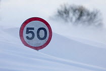 50 mile an hour road sign submerged in huge snow drifts on country roads in the Peak District National Park, Deryshire, UK. March.