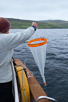 Scientist using plankton net to survey marine fauna. Isle of Mull, Scotland, UK, June 2013.