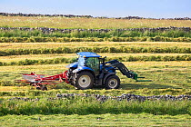 Rotary hay rake pulled by tractor, Peak District National Park, Derbyshire, UK. June 2014.