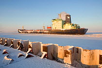The Indiga, a tanker from Murmansk, delivering fuel oil to Sabetta, South Tambey Gas field, Yamal, Siberia, Russia. February 2014.