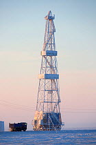 A drilling derrick near Sabetta, South Tambey Gas field, Yamal Peninsula, Siberia, Russia. February 2014.