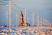 Snow covered power lines lead to a gas drilling derrick near Sabetta, South Tambey Gas field, Yamal Peninsula, Siberia, Russia. February 2014.