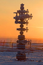 A 'Christmas tree' (valve assembly) at sunset at a drilling site in the South Tambey Gas Field, Yamal Peninsula, Siberia, Russia. February 2014.
