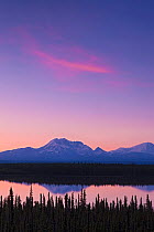 WrangellSt. Elias National Park, view from Willow Lake with reflection of Mount Drum (3.661m) at sunset, Alaska, USA. June 2013.