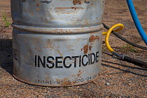Barrel with insecticide for Food and Agriculture Organization (FAO) control action against migratory locust (Locusta migratoria capito), Airport Miandrivazo, Madagascar December 2013.