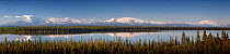 Panoramic landscape of WrangellSt. Elias National Park, few from Willow Lake with reflection of mountain range (from left); Mount Drum (3.661m), Mount Sanford (4.949m), Mount Wrangell (4.317m) and Mou...