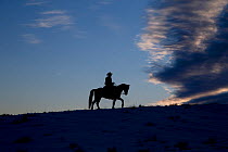 Man on Quarter horse silhouetted at dusk, at ranch, Shell, Wyoming, USA. February.