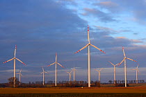 Wind turbines on a wind farm in Western Pomerania, Poland, February 2014.