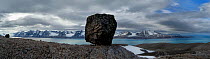 Large glacial drop stone in landscape, Kongsfjorden, Svalbard, Norway. July 2011.