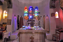 View of altar inside of a chapel,  Santorini / Thira Island, Greece, May 2009.