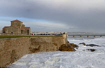 Waves crashing at harbor entrance during storm. Prieur Saint Nicolas, Les Sables d' Olonne, Vendee, France, March 2014.