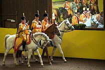 Marbach's mounted band, in traditional uniform, performing during the stud's 500th anniversary celebrations. Marbach National Stud, Swabian Alps, near Reutlingen, in Baden-Wurttemberg, Germany. May 20...