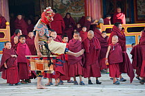 Young monks watching Zamcham (one of the monastic dances). The performers in this dance wear wrathful masks and the dance is performed to safeguard the venue, which has been neutralized by the precedi...
