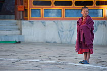 Young monk watching Zamcham (one of the monastic dances). This dance is performed to safeguard the venue, which has been neutralized by the preceding Phagcham (pig dance). Torgya festival. Galdan Namg...