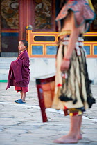 Young monk watching Zamcham (one of the monastic dances). This dance is performed to safeguard the venue, which has been neutralized by the preceding Phagcham (pig dance). Torgya festival. Galdan Namg...