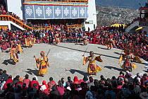 Monastic dance during Torgya festival. Galdan Namge Lhatse Monastery, Tawang, Arunachal Pradesh, India. January 2014.