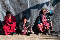 A monk and two ladies in traditional Monpa tribe dress watching the rehearsal of dances in preparation for the Torgya festival. Galdan Namge Lhatse Monastery, Tawang, Arunachal Pradesh, India. January...