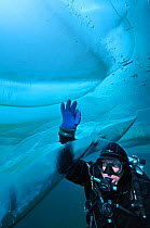 Diver examining partially melted ice underwater. Lake Baikal, Russia, April 2013.