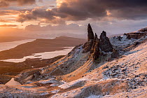 The Old Man of Storr, early morning light after a dusting of snow, Trotternish peninsula, Isle of Skye, Scotland, UK. December 2013.