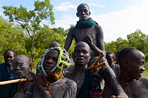 The winner of a 'Donga' fight is carried in triumph by other warriors from the Suri / Surma tribe. The Donga fights are an outlet to resolve conflicts between tribes. Omo river Valley, Ethiopia, Septe...