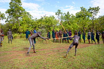 'Donga' stick fighters, Suri / Surma tribe. The Donga fights are an outlet to resolve conflicts between tribes. Omo river Valley, Ethiopia, September 2014.