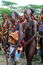 A young Hamer candidate for bull jumping, a rite of passage for boys to become men. Ukuli ceremony in Hamer tribe, Omo river Valley, Ethiopia, September 2014.
