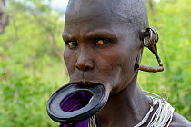 Portrait of Suri / Surma woman wearing lip plate in her lower lip. Omo River Valley, Ethiopia, September 2014.