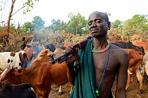 Suri / Surma cattle herder with Kalashnikov rifle. Omo river Valley, Ethiopia, September 2014.