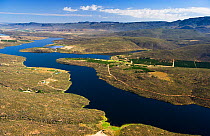 Aerial photograph of the Olifants River and the intensive agriculture along its course, a threat to the endemic fish species found here. Citrusdal and Clanwilliam area, Western Cape, South Africa. Dec...