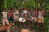 Mbuti pygmy initiation hunt, with two boys in traditional blue body paint and straw skirt. One boy is holding catch of Blue Duiker (Philantomba monticola) Ituri Rainforest, Democratic Republic of the...