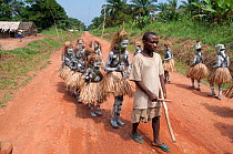 Mbuti Pygmy boys in traditional blue body paint and straw skirts, on way to forest to undergo initiation ceremony, which is a right of passage into manhood. Ituri Rainforest, Democratic Republic of th...