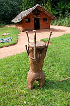 Village drum used to gather people for announcements, Mbuti  Pygmy village, Democratic Republic of the Congo, Africa, January 2012.