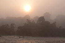 Ituri River, in mist in early morning near Epulu Okapi Wildlife Reserve, Ituri Rainforest, Democratic Republic of the Congo, January 2012.