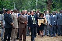 President Ali Bongo Ondimba, Prime minister Raymond Ndong Sima, and Lee White, the director of the National Parks, watching government ivory burn with 6 tonnes (worth 6 million dollars) of African ele...