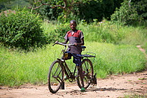 Man riding bike along dirt road in village, Katanga, Democratic Republic of the Congo, March 2012.