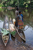 Men with vegetables in dugout wooden canoes on riverbank, Monkoto, Salonga National Park, Equateur, Democratic Republic of the Congo, May 2012.