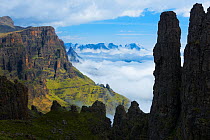 Misty morning in the Drakensberg viewed from behind the Organ Pipes. Cathedral Peak Region, Drakensberg, South Africa. November 2012.