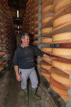 Cheesemaker Mr Perraudat in cellar with Beaufort cheeses, Bourg-Saint-Maurice, Savoie, Rhone-Alpes, France, May 2014.