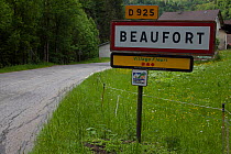 Road sign at the entrance to Beaufort, where Beaufort cheese is made. Haute Savoie, France, May 2014.