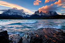 Windy weather conditions over Lake Pehoe. Torres del Paine National Park, Patagonia, Chile. April 2013. Non-ex.