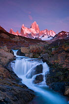 Waterfall below mount Fitz Roy at sunrise. El Chalten, Patagonia, Argentina. April 2013. Non-ex.
