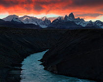 Rio de las Vueltas, deep river gorge below the mountains of El Chalten, Patagonia, Argentina. April 2013. Non-ex.