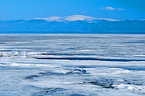 Hole in ice used by Baikal seals (Pusa sibirica) for breathing. View to Hamar Daban ridge beyond. Lake Baikal, Russia, April.