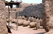 Large terracotta storage pots outside potter's work shop, rural Chad, 2002-2003.