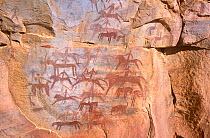 Battle mural cave painting showing human and animal figures, Guilemsi, central Mauritania, 2004.